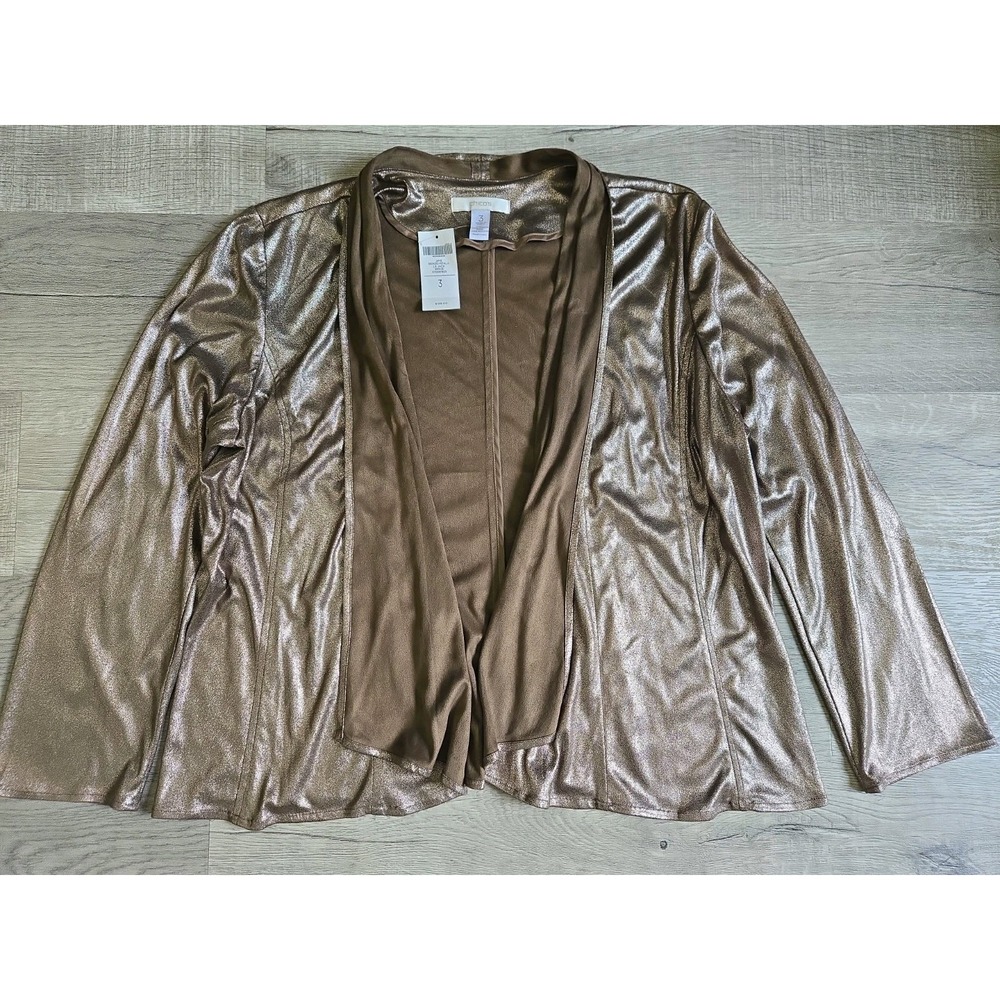 NWT Chico's Jamie Bronzed Metallic‎ Long Sleeve Jacket Size 3 Open Front